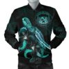 Bomber Jacket Hawaii Polynesian - Turtle With Blooming Hibiscus Turquoise - BN22 Bomber Jacket