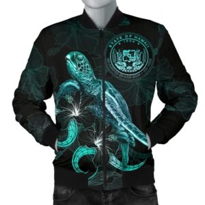 Bomber Jacket Hawaii Polynesian - Turtle With Blooming Hibiscus Turquoise - BN22 Bomber Jacket