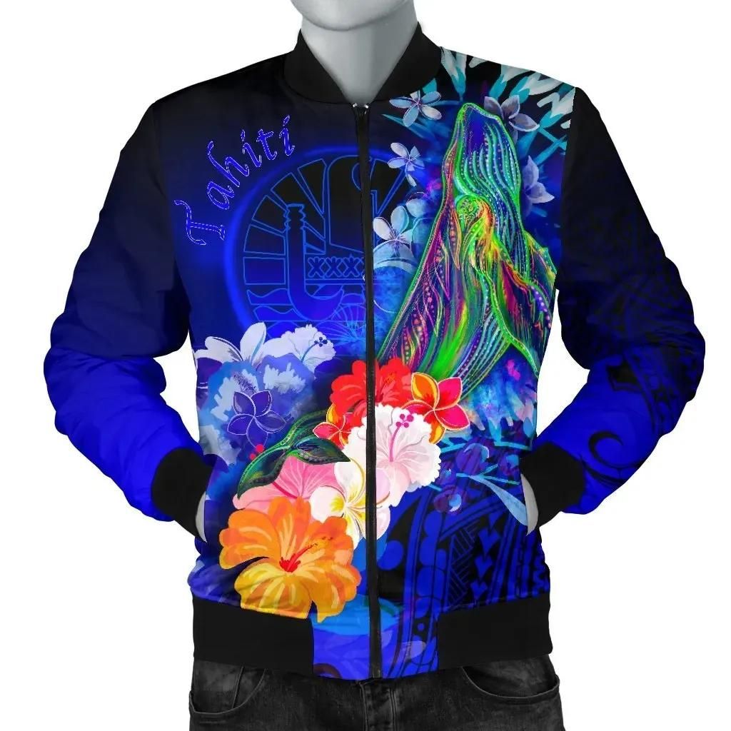 Bomber Jacket Tahiti - Humpback Whale with Tropical Flowers (Blue)- BN18 Bomber Jacket Bomber Jacket Tahiti - Humpback Whale with Tropical Flowers (Blue)- BN18 Bomber Jacket