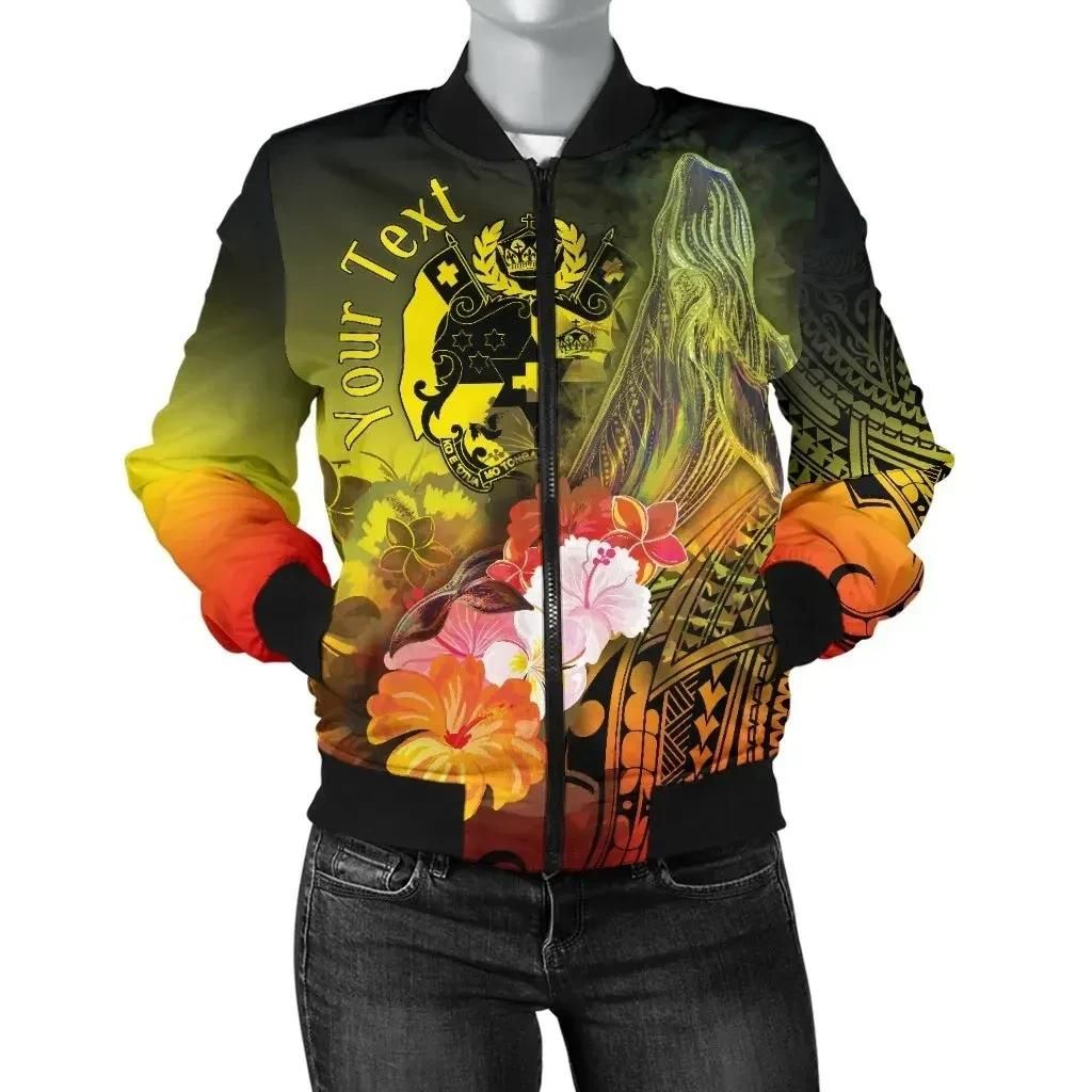 Bomber Jacket Tonga Custom Personalised - Humpback Whale with Tropical Flowers (Yellow)- BN18 Bomber Jacket Tonga Custom Personalised - Humpback Whale with Tropical Flowers (Yellow)- BN18