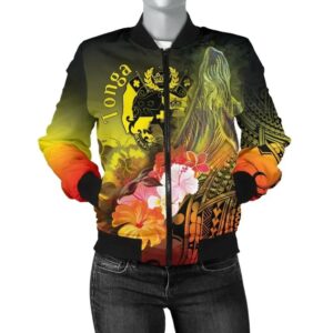 Bomber Jacket Tonga - Humpback Whale with Tropical Flowers (Yellow)- BN18 Bomber Jacket