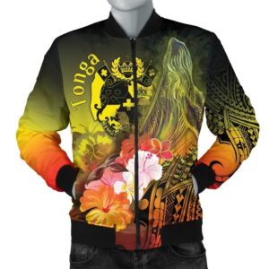 Bomber Jacket Tonga - Humpback Whale with Tropical Flowers (Yellow)- BN18 Bomber Jacket