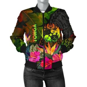 Bomber Jacket Tonga Polynesian - Hibiscus and Banana Leaves - BN15 Bomber Jacket