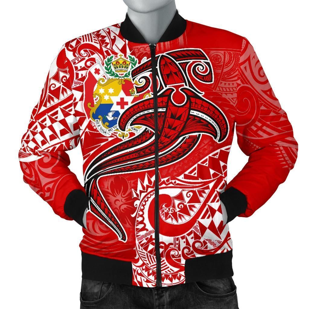 Bomber Jacket Tonga - Red Shark Polynesian Tattoo - BN18 Bomber Jacket Tonga - Red Shark Polynesian Tattoo - BN18