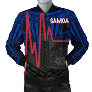Bomber Jacketamoa - Samoa Seal With Polynesian Patterns In Heartbeat Style (Blue) - BN25 Bomber Jacket