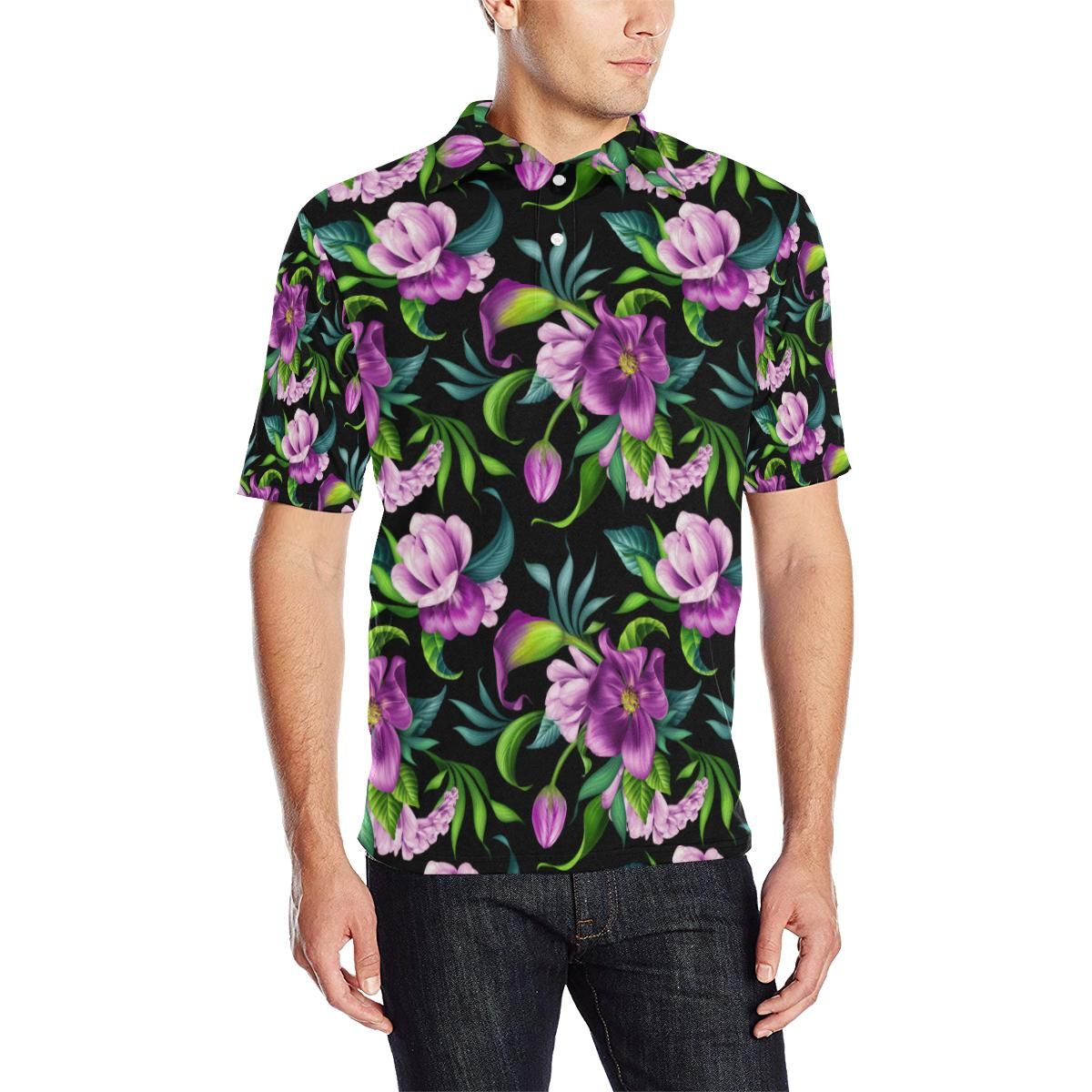 Bright Purple Floral Pattern Men Polo Shirt Bright Purple Floral Pattern Men Polo Shirt