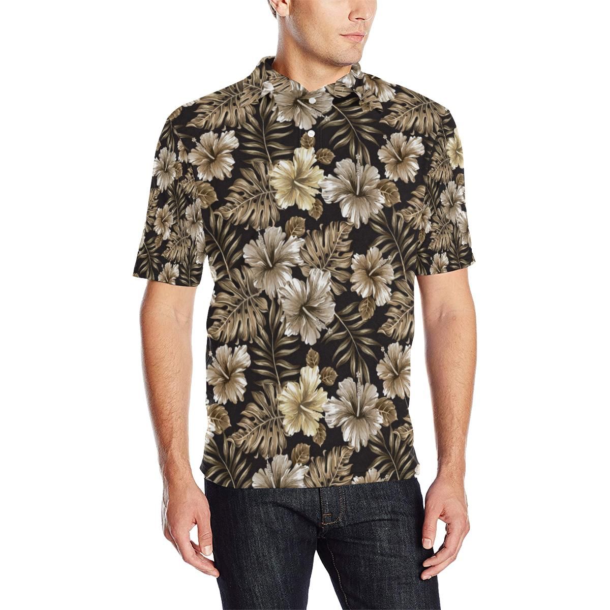 Brown Hibiscus Tropical Men Polo Shirt Brown Hibiscus Tropical Men Polo Shirt