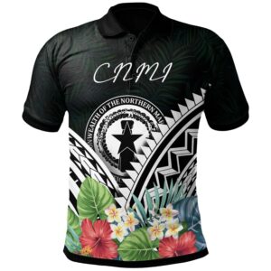 CNMI Polo Shirt - CNMI Coat of Arms & Polynesian Tropical Flowers White - BN22