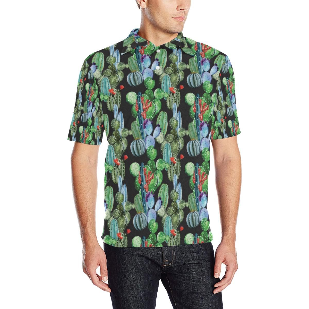 Cactus Watercolor Style Print Men Polo Shirt Cactus Watercolor Style Print Men Polo Shirt