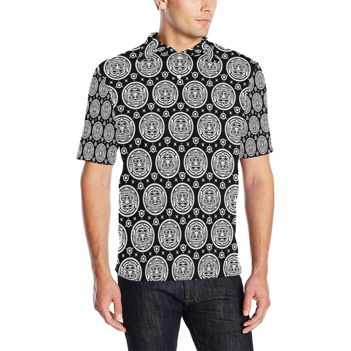 Calendar Aztec White Black Print Pattern Men Polo Shirt Calendar Aztec White Black Print Pattern Men Polo Shirt