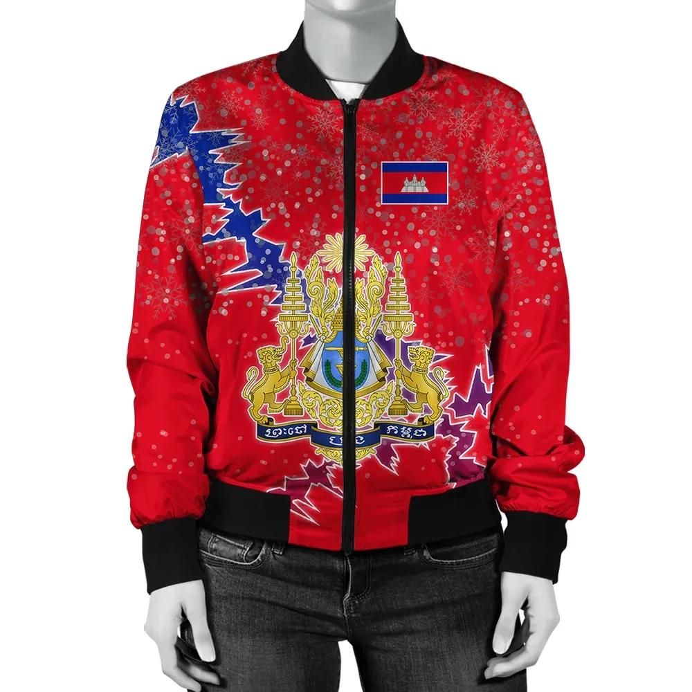 Cambodia Christmas Coat Of Arms Women Bomber Jacket X Style J78 Cambodia Christmas Coat Of Arms Women Bomber Jacket X Style J78