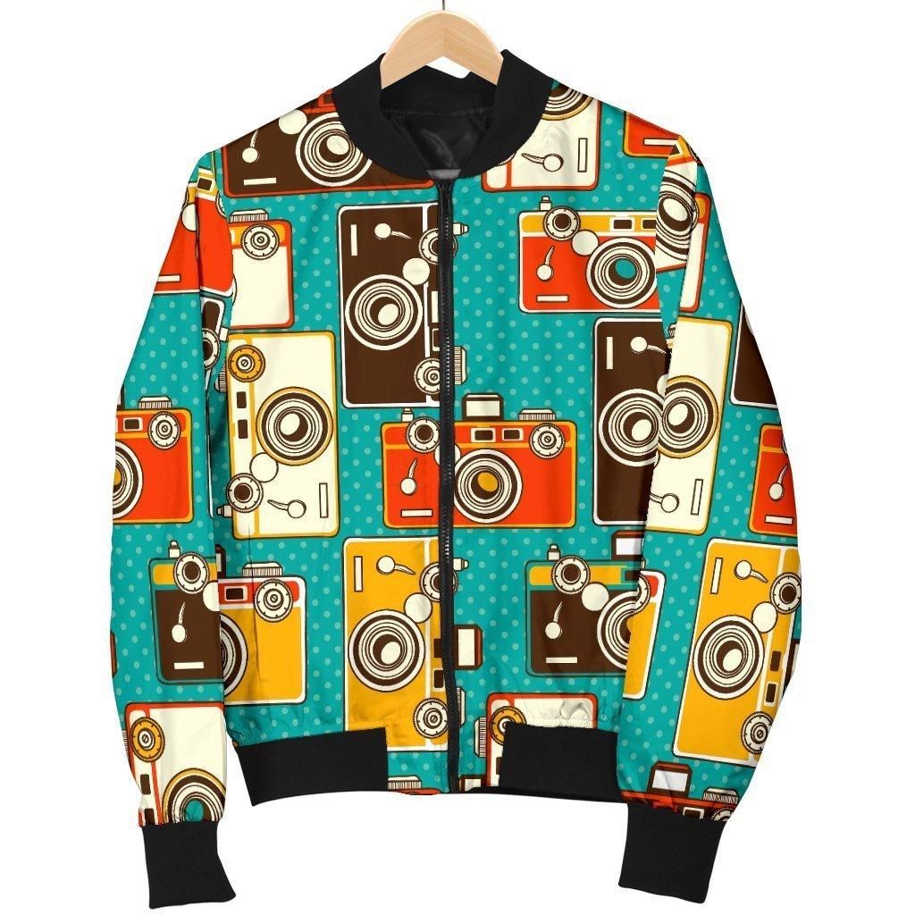 Camera Print Pattern Women Casual Bomber Jacket Camera Print Pattern Women Casual Bomber Jacket