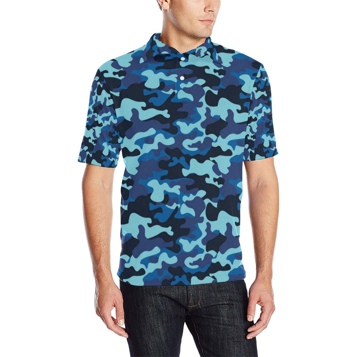Camo Blue Pattern Print Design 04 Men Polo Shirt Camo Blue Pattern Print Design 04 Men Polo Shirt