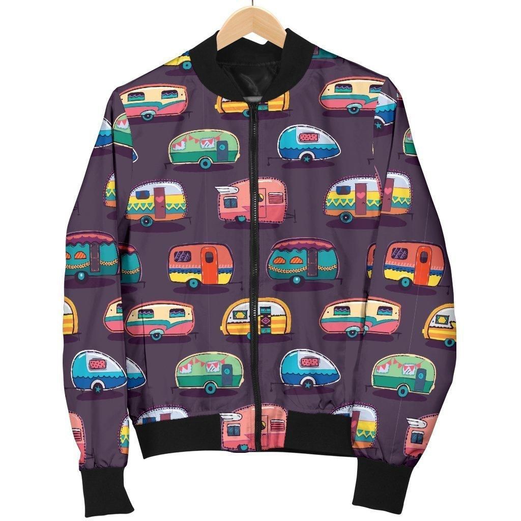 Camper Van Pattern Print Women Casual Bomber Jacket Camper Van Pattern Print Women Casual Bomber Jacket