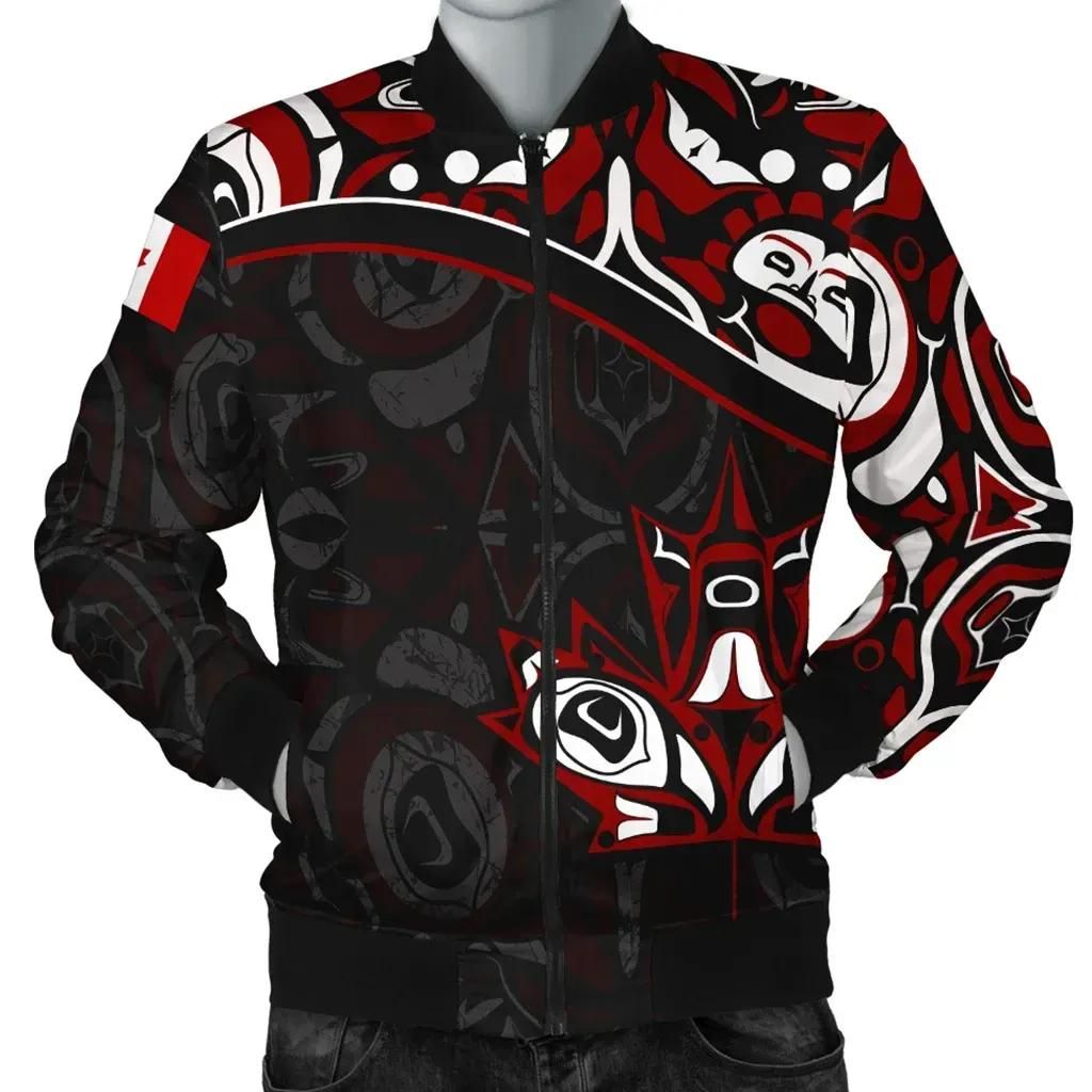 Canada Day Men's Bomber Jacket - Haida Maple Leaf Style Tattoo Black A02 Bomber Jacket Canada Day Men's Bomber Jacket - Haida Maple Leaf Style Tattoo Black A02 Bomber Jacket