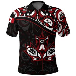 Canada Day Polo Shirt - Haida Maple Leaf Style Tattoo Black A02