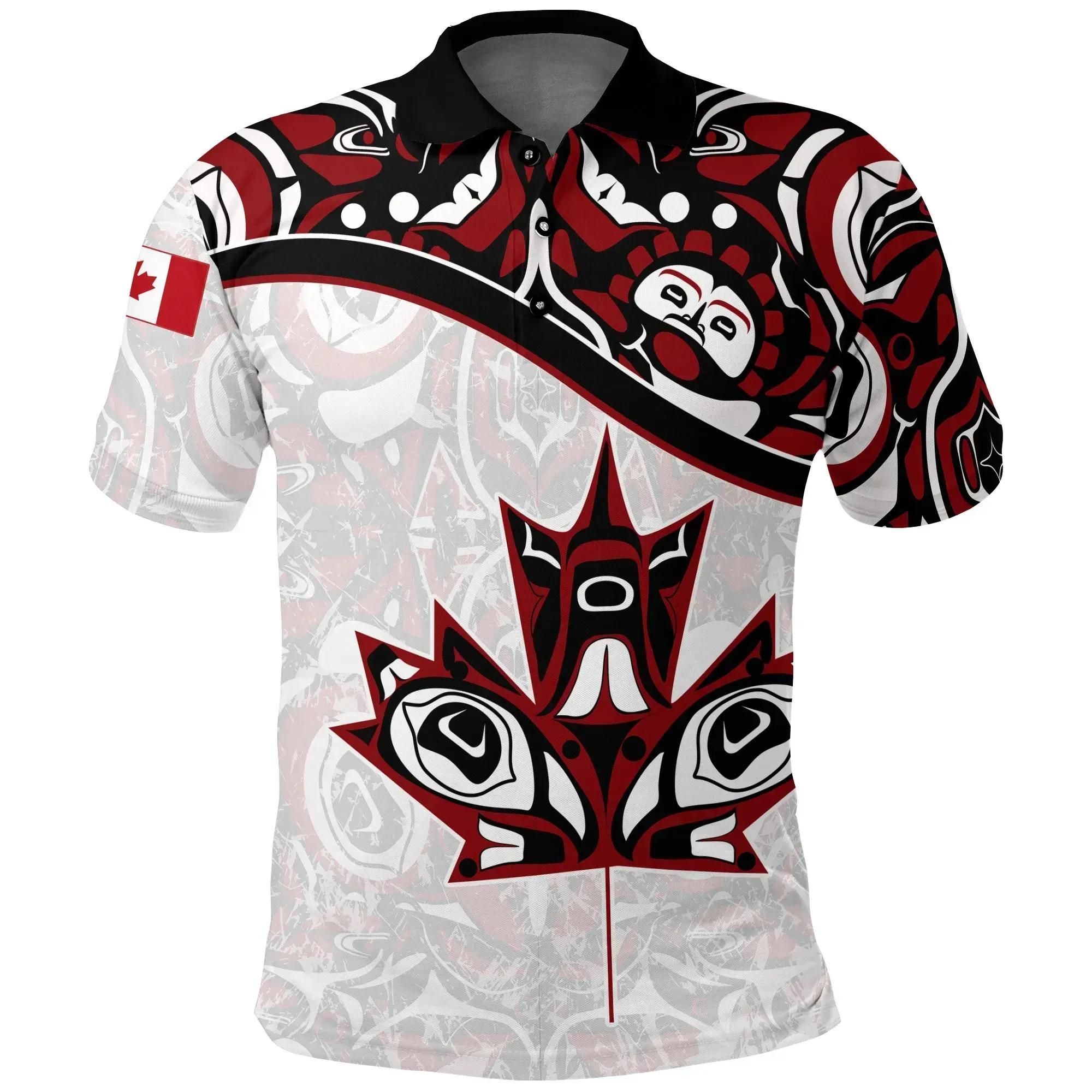 Canada Day Polo Shirt - Haida Maple Leaf Style Tattoo White A02 Canada Day Polo Shirt - Haida Maple Leaf Style Tattoo White A02