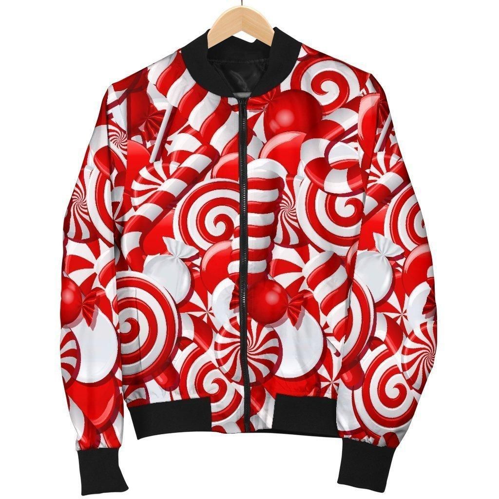 Candy Cane Print Pattern Women Casual Bomber Jacket Candy Cane Print Pattern Women Casual Bomber Jacket