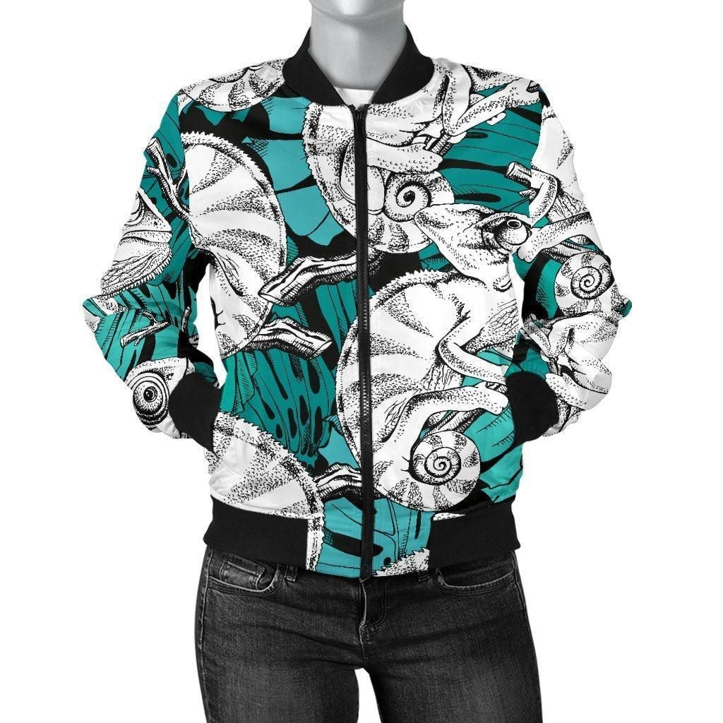 Cartoon-Chameleon-Pattern-Print-Women-Casual-Bomber-Jacket-1