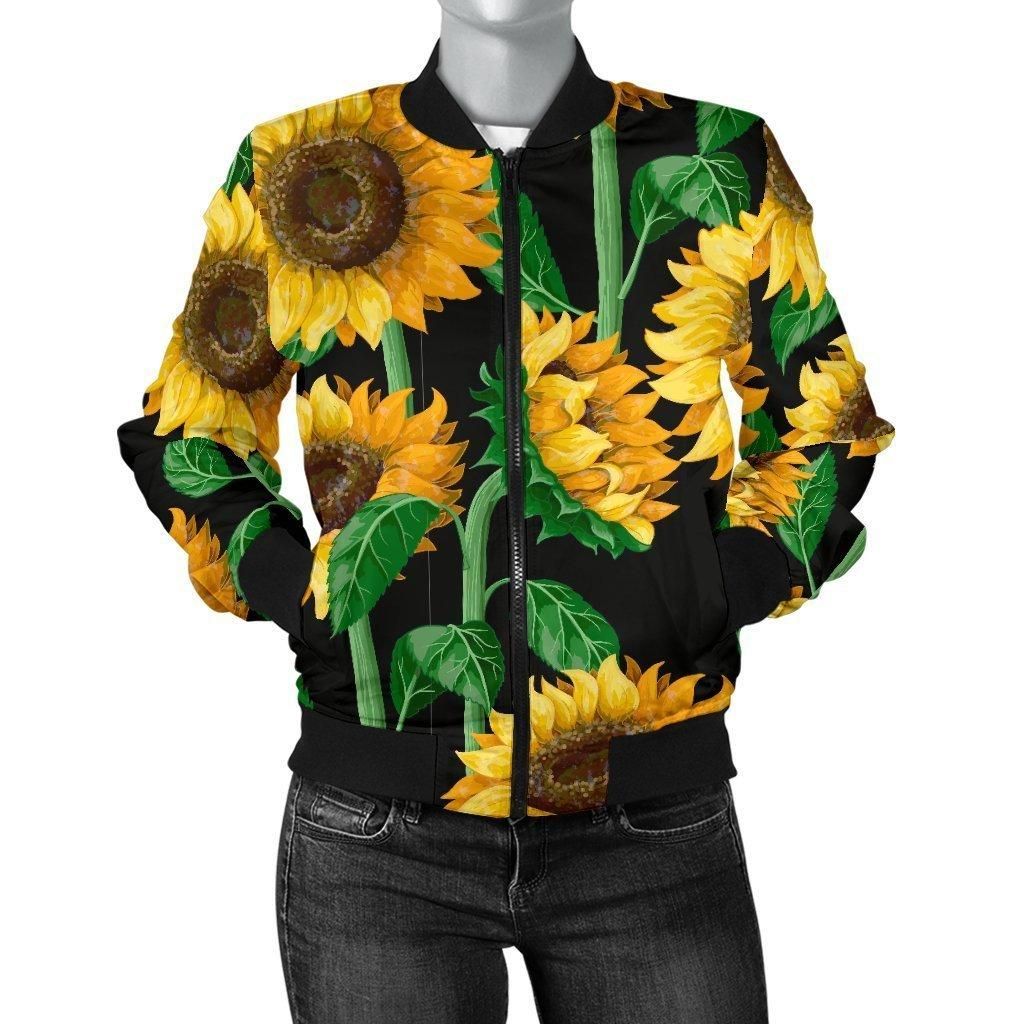 Cartoon-Sunflower-Pattern-Print-Women-Casual-Bomber-Jacket-1