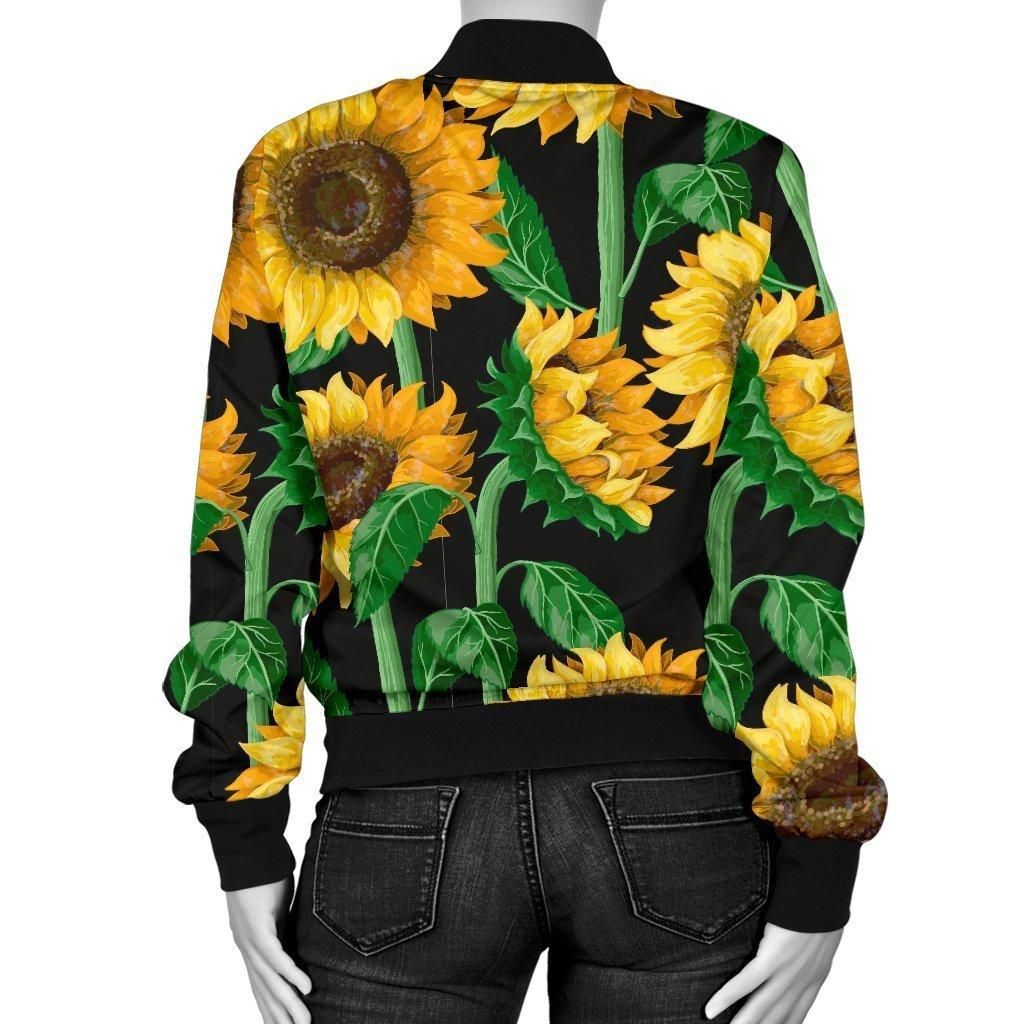 Cartoon-Sunflower-Pattern-Print-Women-Casual-Bomber-Jacket-2