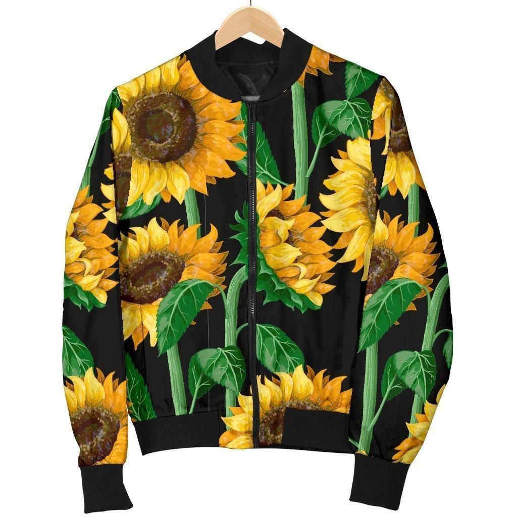 Cartoon Sunflower Pattern Print Women Casual Bomber Jacket Cartoon Sunflower Pattern Print Women Casual Bomber Jacket