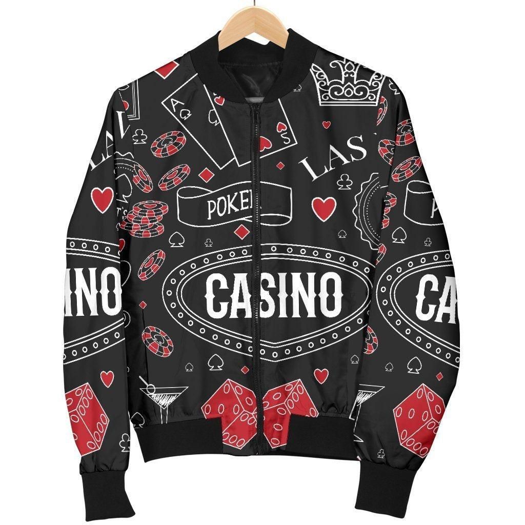 Casino Poker Pattern Print Women Casual Bomber Jacket Casino Poker Pattern Print Women Casual Bomber Jacket