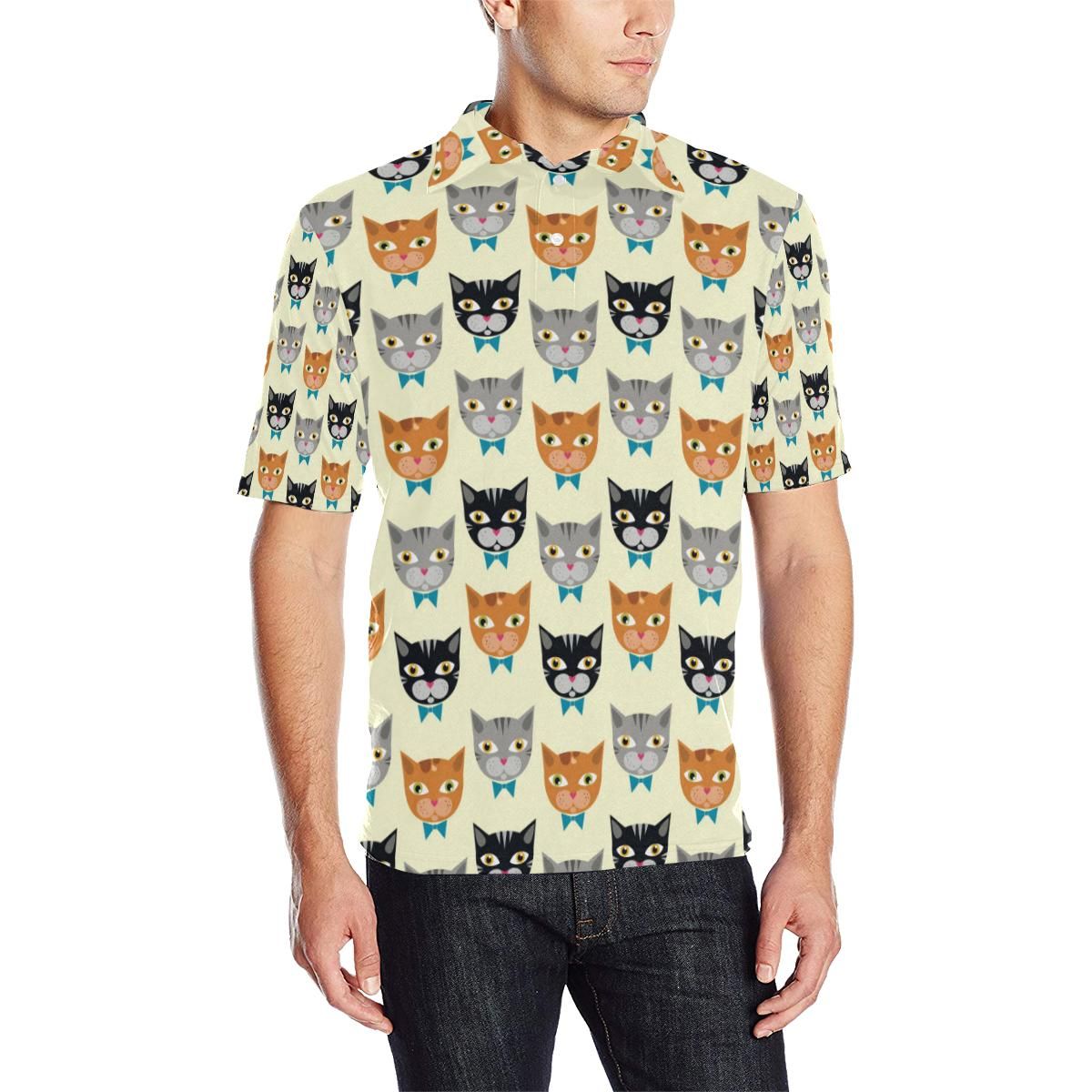 Cat Pattern Print Design 05 Men Polo Shirt Cat Pattern Print Design 05 Men Polo Shirt