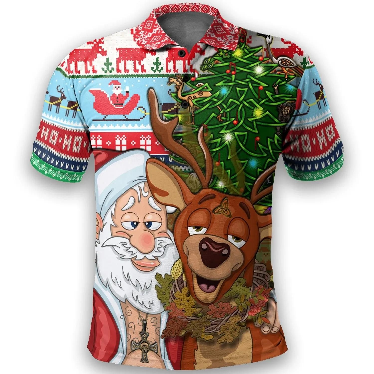 Celtic Style Merry Christmas Ugly Polo Shirt - Drunk Santa and Deer - BN21 Celtic Style Merry Christmas Ugly Polo Shirt - Drunk Santa and Deer - BN21
