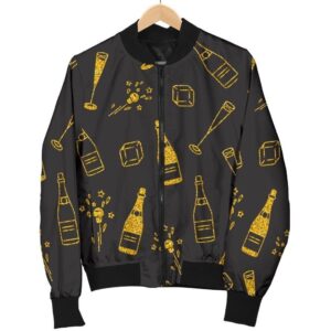 Champagne Gold Glitter Pattern Print Women Casual Bomber Jacket