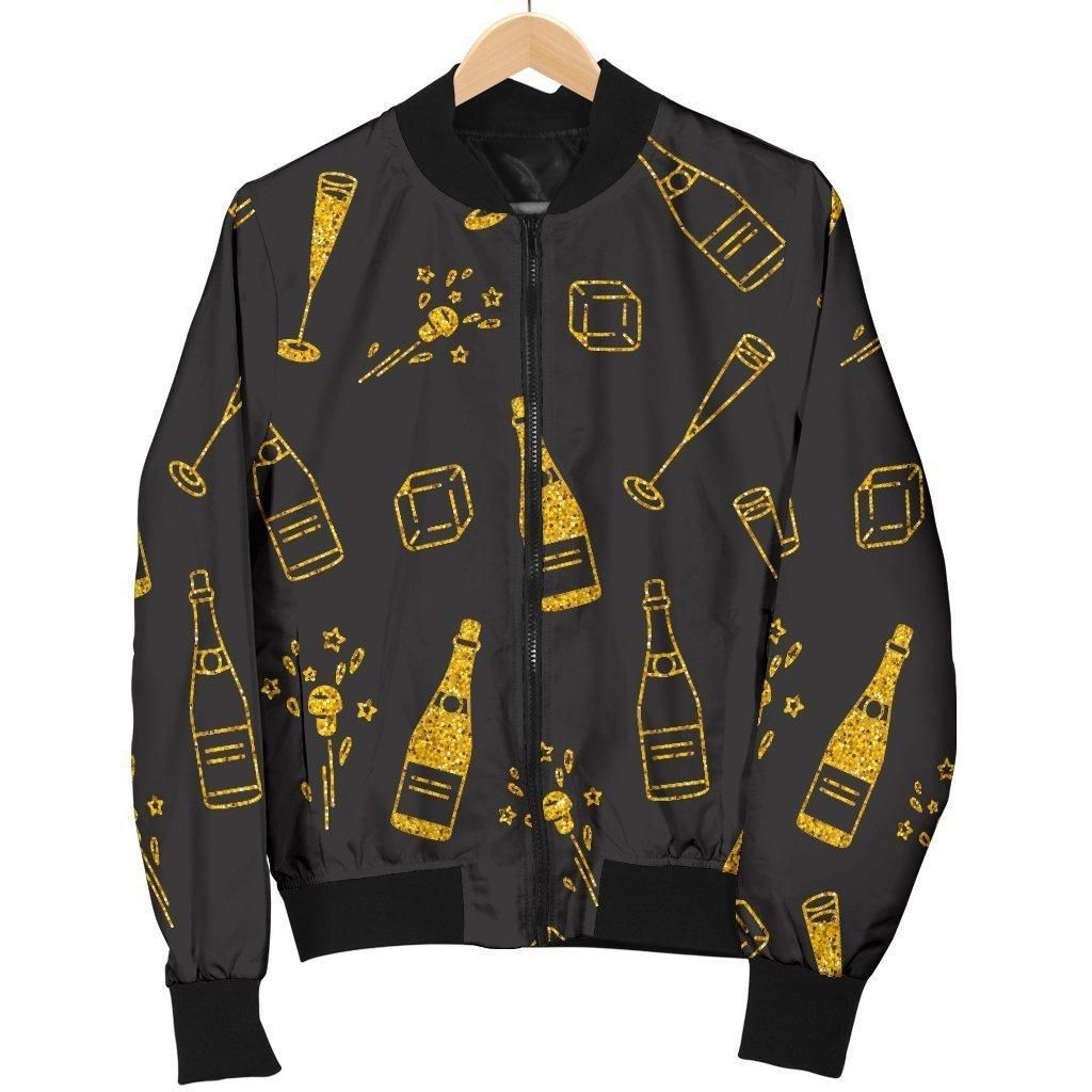 Champagne Gold Glitter Pattern Print Women Casual Bomber Jacket Champagne Gold Glitter Pattern Print Women Casual Bomber Jacket