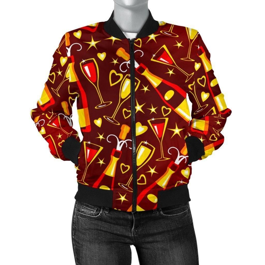 Champagne-Pattern-Print-Women-Casual-Bomber-Jacket-1