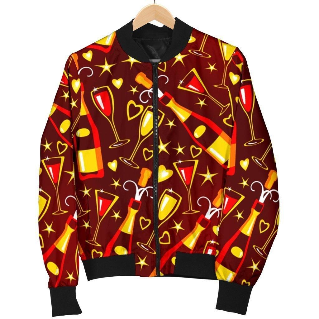 Champagne Pattern Print Women Casual Bomber Jacket Champagne Pattern Print Women Casual Bomber Jacket