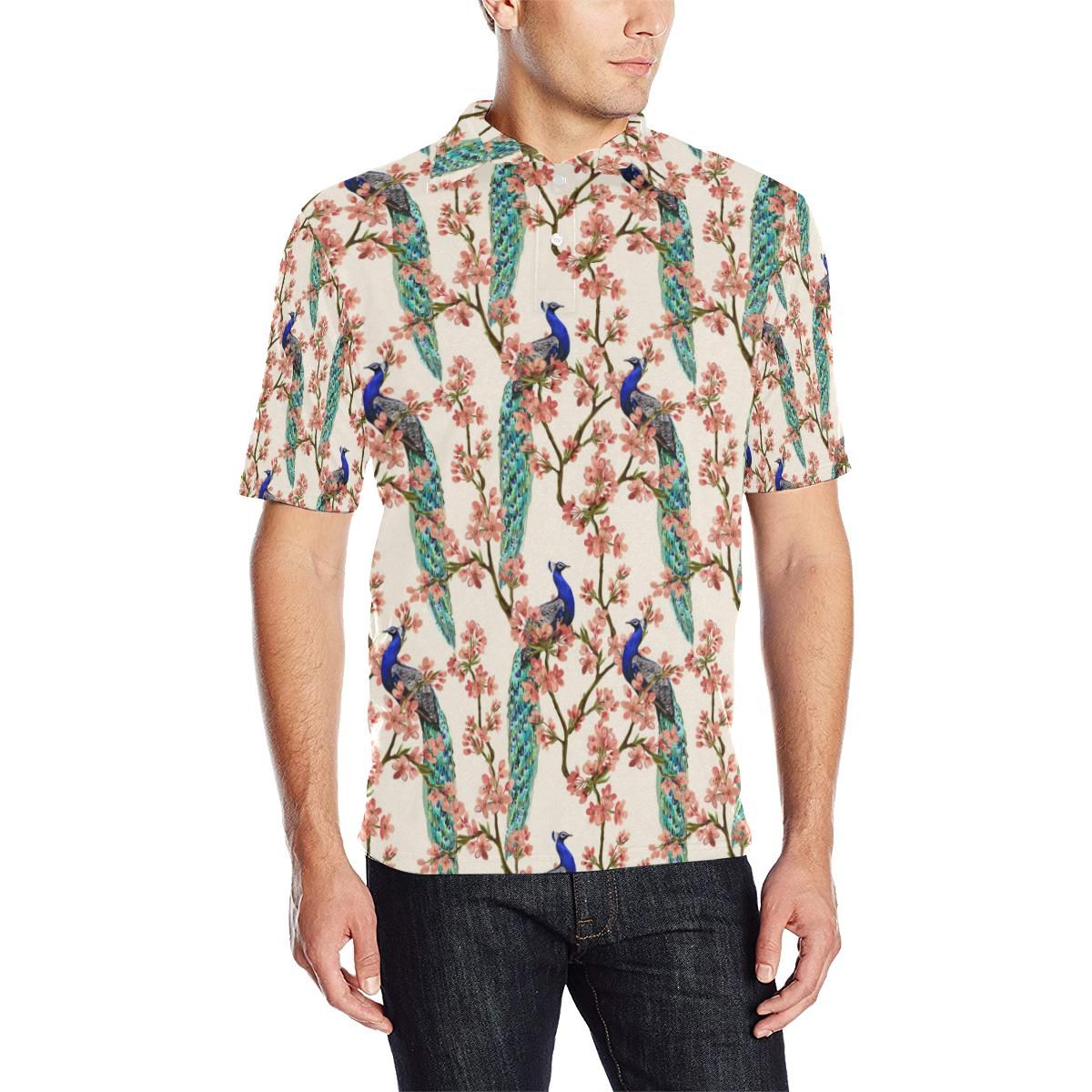Cherry Blossom Peacock Men Polo Shirt Cherry Blossom Peacock Men Polo Shirt