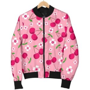 Cherry Floral Pattern Print Women Casual Bomber Jacket