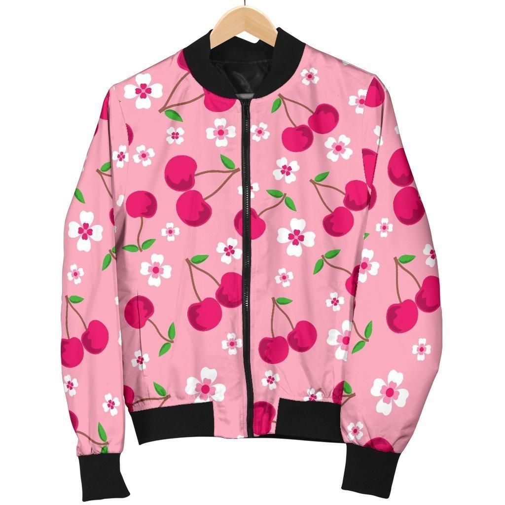 Cherry Floral Pattern Print Women Casual Bomber Jacket Cherry Floral Pattern Print Women Casual Bomber Jacket