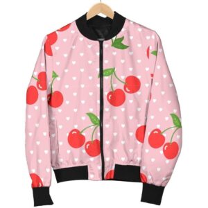 Cherry Heart Dot Pattern Print Women Casual Bomber Jacket