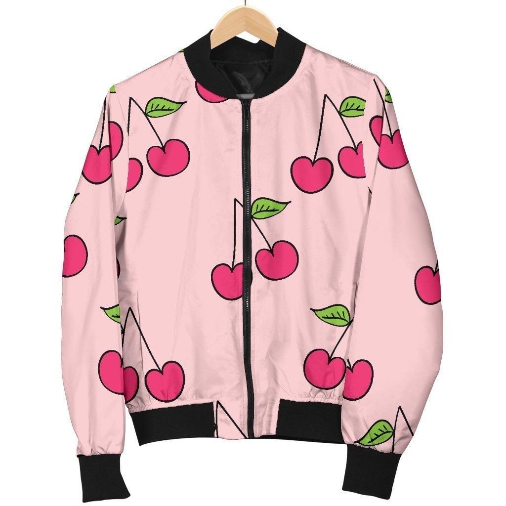 Cherry Pattern Print Women Casual Bomber Jacket Cherry Pattern Print Women Casual Bomber Jacket