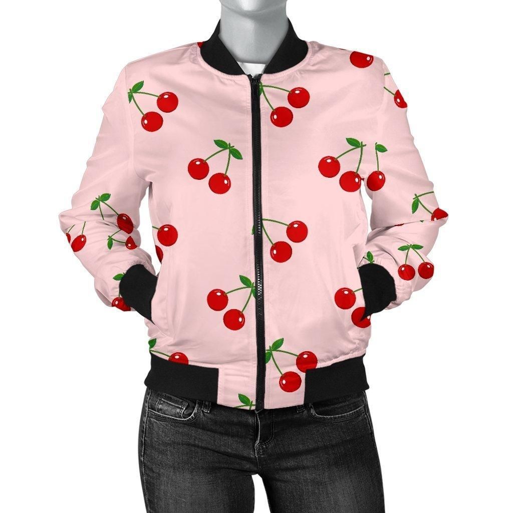 Cherry-Pink-Pattern-Print-Women-Casual-Bomber-Jacket-1