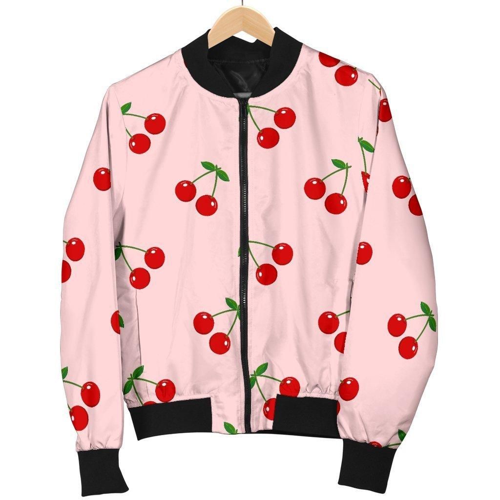 Cherry Pink Pattern Print Women Casual Bomber Jacket Cherry Pink Pattern Print Women Casual Bomber Jacket