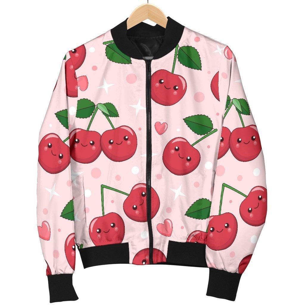 Cherry Print Pattern Women Casual Bomber Jacket Cherry Print Pattern Women Casual Bomber Jacket