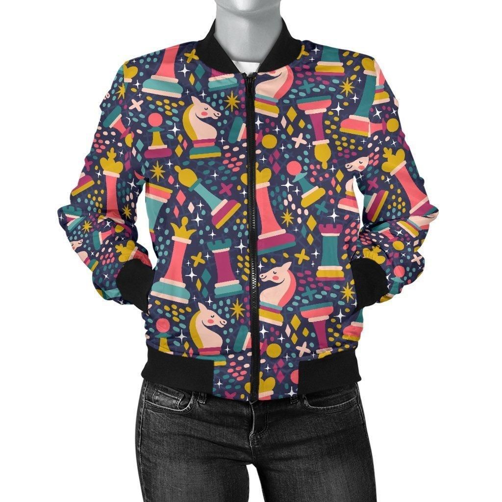 Chess-Colorful-Pattern-Print-Women-Casual-Bomber-Jacket-1
