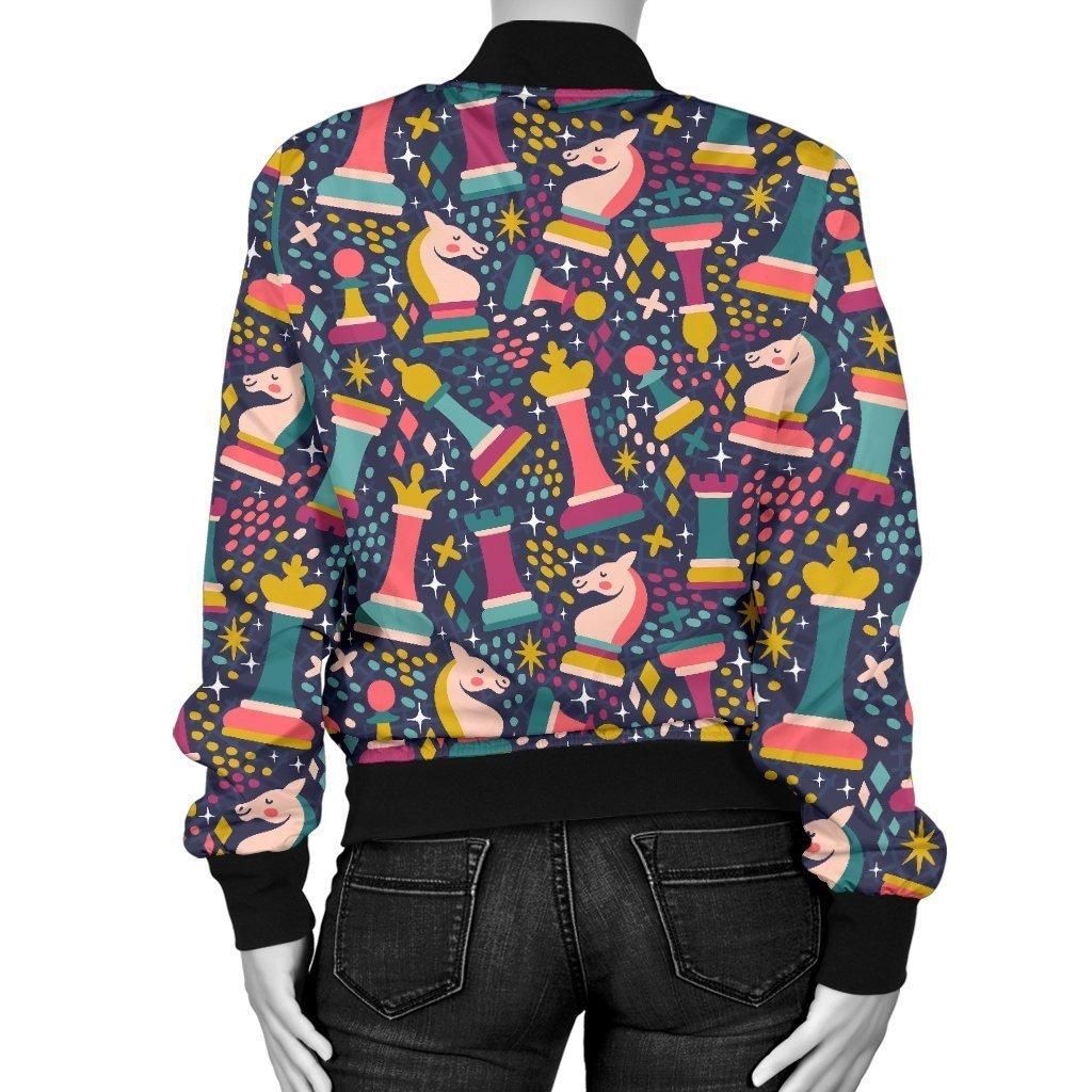 Chess-Colorful-Pattern-Print-Women-Casual-Bomber-Jacket-2