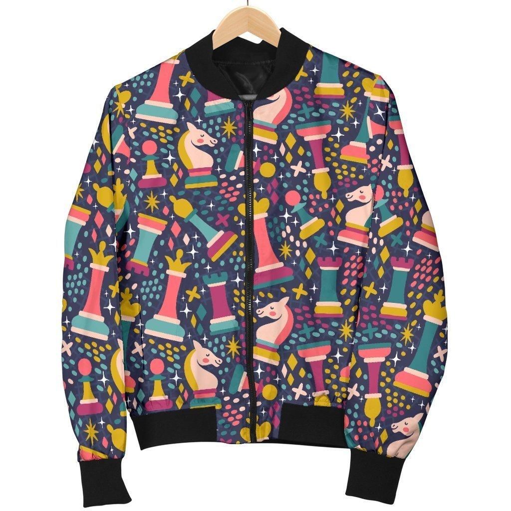 Chess Colorful Pattern Print Women Casual Bomber Jacket Chess Colorful Pattern Print Women Casual Bomber Jacket
