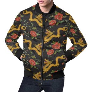 Chinese Dragon Rose Pattern Print Mens Bomber Jacket