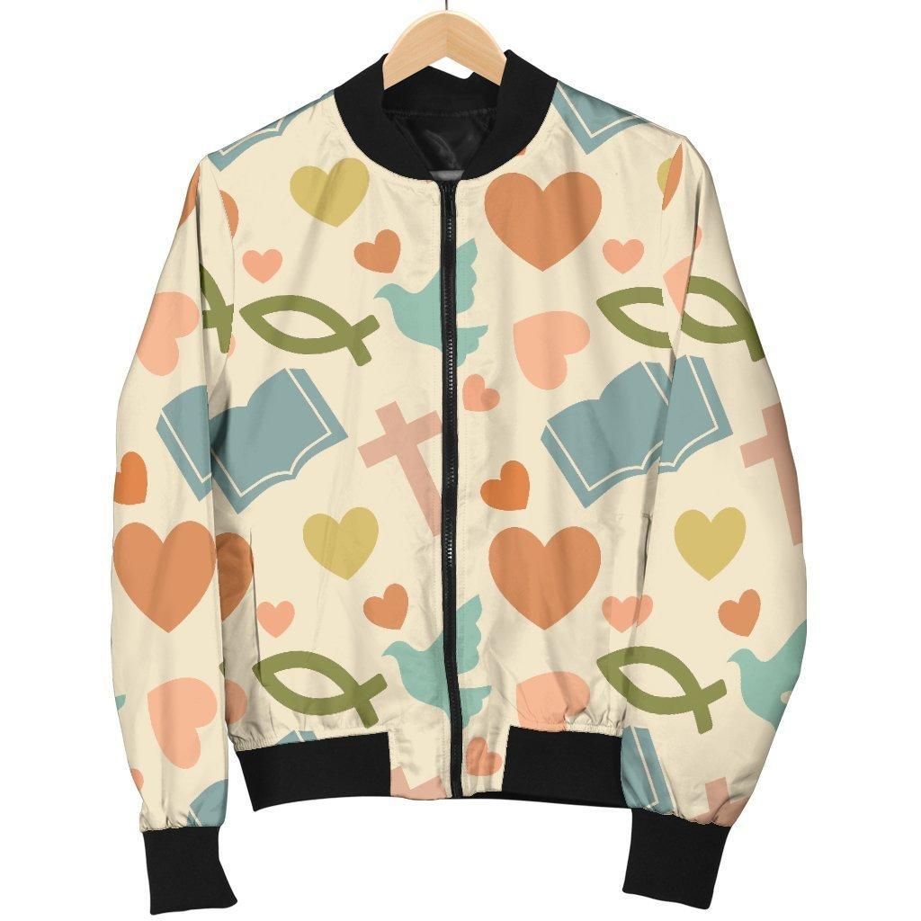 Christian Bible Pattern Print Women Casual Bomber Jacket Christian Bible Pattern Print Women Casual Bomber Jacket