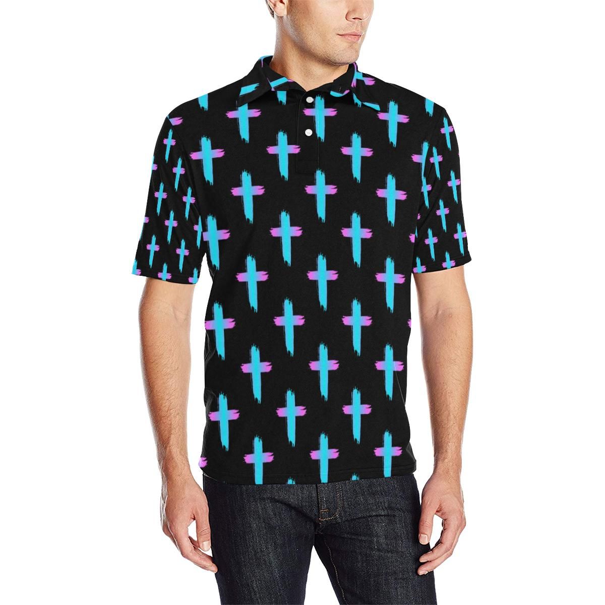 Christian Cross Neon Pattern Men Polo Shirt Christian Cross Neon Pattern Men Polo Shirt