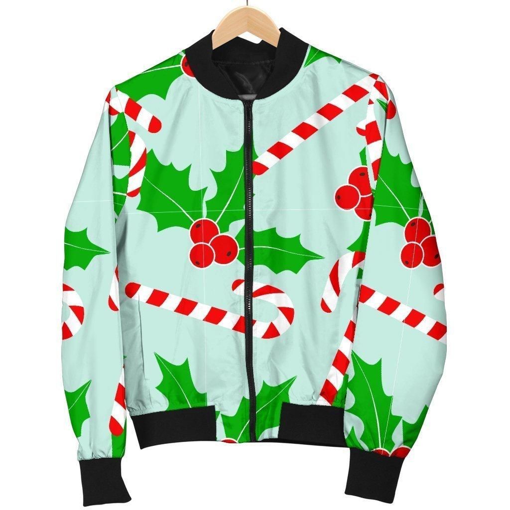 Christmas Candy Cane Pattern Print Women Casual Bomber Jacket Christmas Candy Cane Pattern Print Women Casual Bomber Jacket