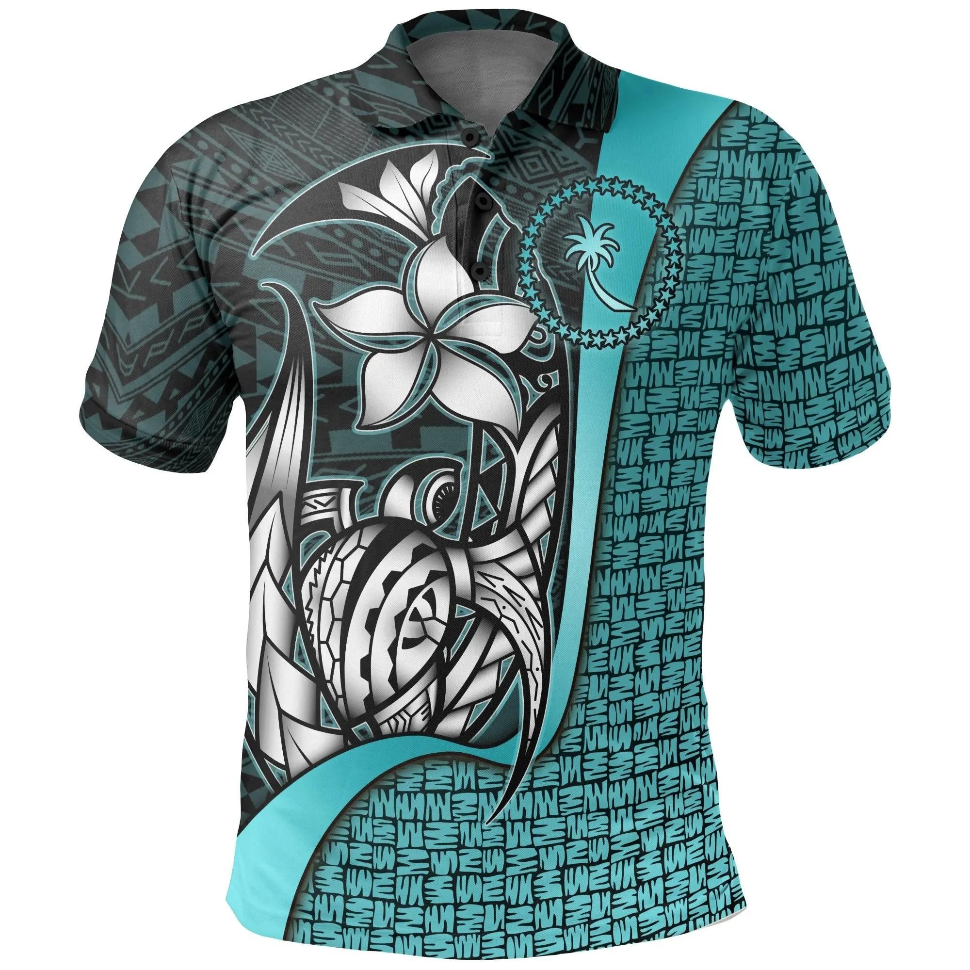 Chuuk Micronesian Polo Shirt bTurquoise - Turtle with Hook - BN11 Chuuk Micronesian Polo Shirt bTurquoise - Turtle with Hook - BN11