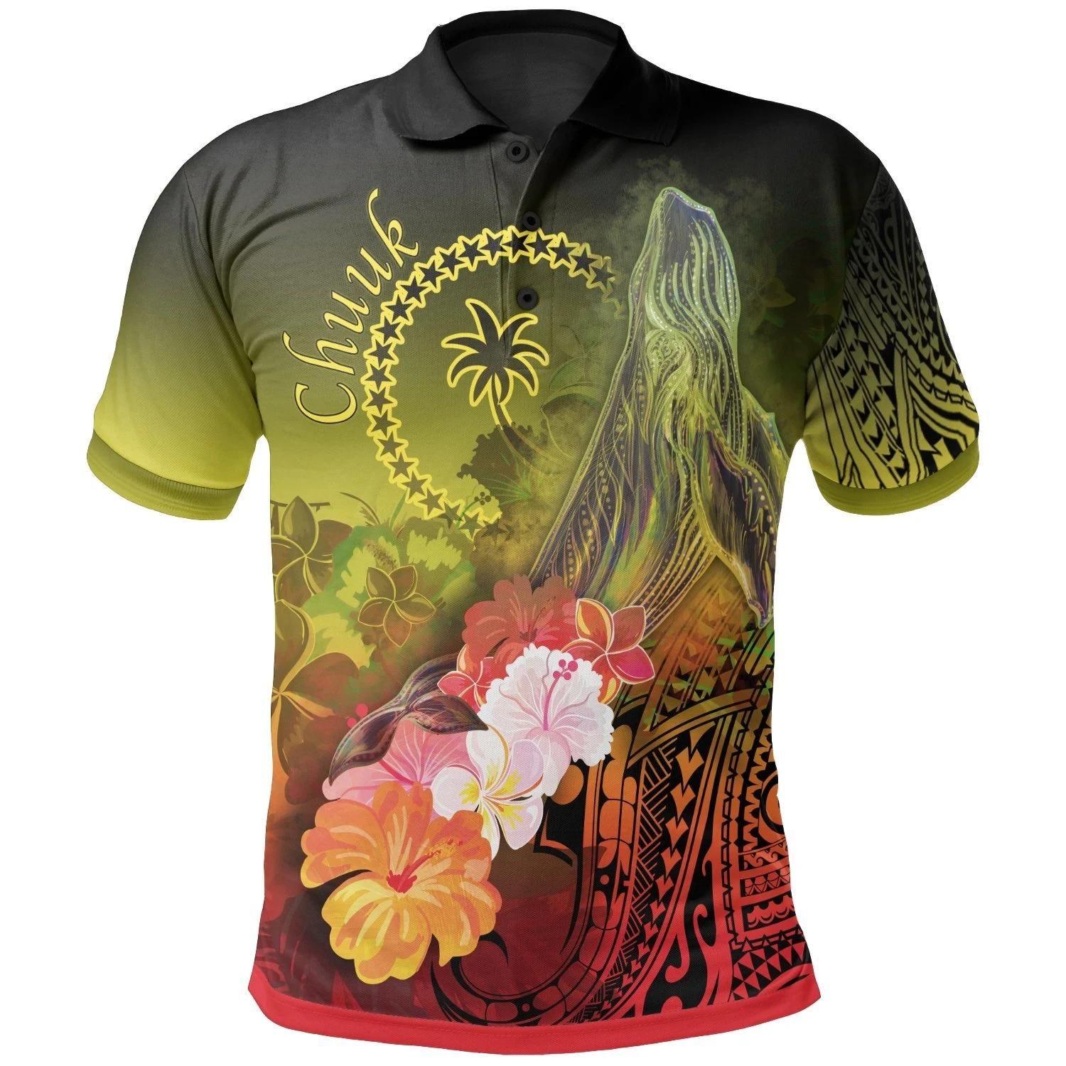 Chuuk Polo Shirt - Humpback Whale with Tropical Flowers (Yellow)- BN18 Chuuk Polo Shirt - Humpback Whale with Tropical Flowers (Yellow)- BN18